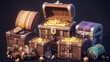 © Ruhi - Treasure chests, game trunks, wooden boxes with iron, silver, gold and platinum forgery. Trophy, magic assets, level winners reward. Pirate loot, gui design elements, Cartoon vector illustration