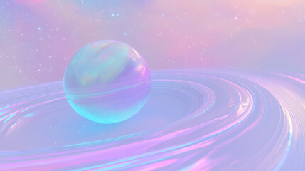 Wall Mural - elegant iridescent sphere with translucent pastel rings, hovering in a dreamlike starfield, seen fro