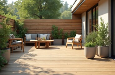 modern terrace area, deck flooring with cozy outdoor furniture. green potted plants, wooden fence, c