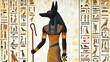 © Qaqas - Ancient Egypt papyrus with anubis dog, jackal head cartoon vector. Ancient paper with hieroglyphs, storing information, Egyptian culture religious symbol with sun god isolated on white background