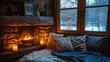 © Sampao - A small, cozy living room with a fireplace, soft blankets, and candlelit ambiance.