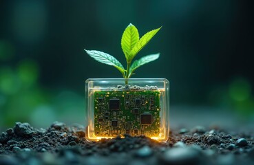 Fototapete - Sprout grows inside tech component. Modern AI tech integrates with nature. Eco-friendly illustration shows innovation, future of ecology, digital planet, bio, environment, science, conservation,