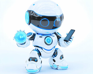cute white robot holding a smartphone and glowing orb ai generative