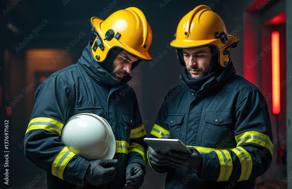 Two firefighters, wearing helmets, protective gear, examine tablet ...