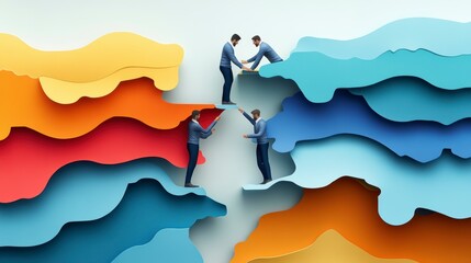 Poster - Four businessmen bridge a gap, symbolizing teamwork and collaboration.