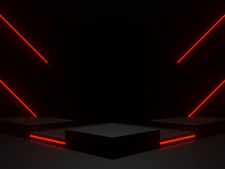 Wall Mural - 3d black podium background with red neon lights