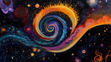 Poster - Abstract cosmic swirl painting with vibrant colors, stars, and celestial elements.