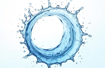 Aufkleber - Dynamic 3d render of clear water splash. Transparent blue water droplets around shape isolated on white background. Water flow, wet liquid texture. Fresh drink concept.