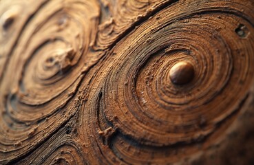Fototapete - Close-up natural wood texture with swirling patterns. Brown wooden background, abstract wooden surface macro shot. Wooden plank with detailed grain pattern. Natural material background for design.