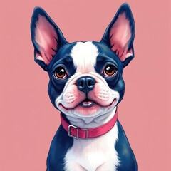 Aufkleber - Adorable headshot Boston Terrier puppy, artistic watercolor illustration. Cute dog wears collar, faces forward. Funny pet expression, looking camera. Vertical poster for animal lovers, pet shops,