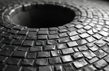 Aufkleber - Black and white image depicts circular structure with mosaic tile texture. This could be ancient monument or modern building. It has urban, geometric design with dark shadows. Construction element.