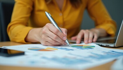 Poster - Businesswoman analyzing financial data, working on laptop. Financial report analysis, budget planning, examining charts, graphs, working in office. Finance, accounting, paperwork, economic growth,