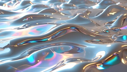 Wall Mural - A smooth, reflective surface undulates like liquid metal, with hints of pink and blue hues scattered throughout. The surface captures and refracts light, creating a mesmerizing, futuristic look.