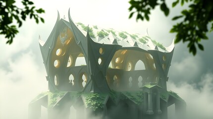 Wall Mural - A mystical structure emerges from the mist, surrounded by lush greenery and topped with intricate architectural designs. The light filters through the fog, casting ethereal shadows across the building