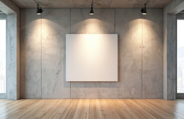 Poster - Modern concrete gallery interior with wooden parquet flooring. Empty hall with mock up place on wall. Bright lamps illuminate blank canvas. Exhibition concept design.
