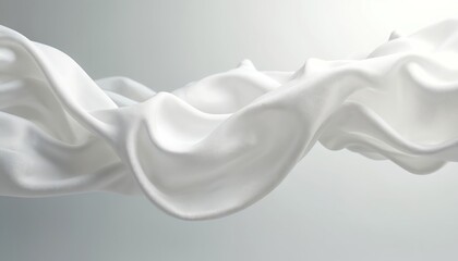 Aufkleber - White silk satin cloth floats in air. Smooth texture and gentle movement against a light backdrop. Fabric drapes, flows with softness, showcasing luxury, elegance, fashion, interior design.