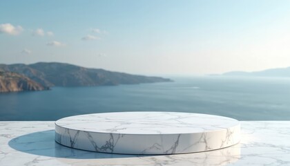 Aufkleber - White marble podium displays product with sea view background. Platform for cosmetic show, presentation stage. Empty scene with sky ocean horizon. Minimalist design for summer vacation travel