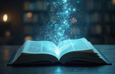 Fototapete - Open book digital data stream. Concept of knowledge information merging with tech. Information age, future of education, digital reading. Innovation, data, AI, learning, wisdom, futuristic.
