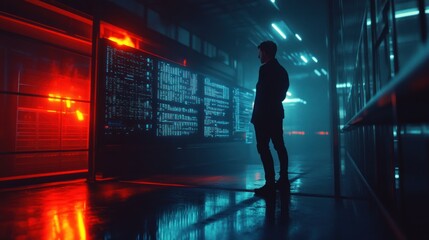 Man Standing in Dark Data Center Analyzing Information on Servers