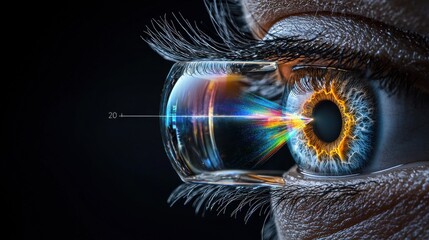 Wall Mural - a close up of a person's eye with a rainbow colored light shining through it