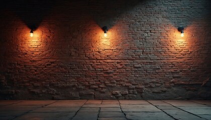Leinwandbilder - Old red brick wall background with warm light. Aged wall with vintage rough texture, weathered surface. Three lamps illuminate brickwork. Abstract background with copy space for design, text, product
