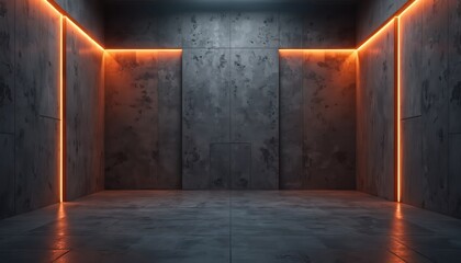 Poster - Modern industrial design interior with concrete walls and floors. Glowing neon orange light illuminates room. Dark, minimalist scene, perfect for futuristic tech, exhibition, abstract concept.