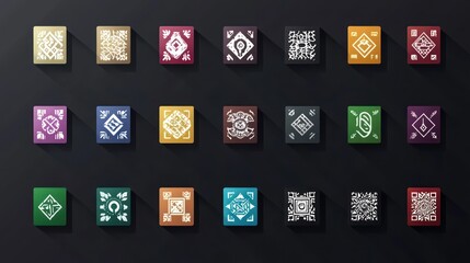 Colorful square icons design, app interface, dark background, flat style, web development