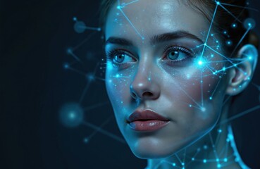 Fototapete - Biometric facial recognition technology concept. Woman face with digital grid, modern ai security system, identification. Digital access, face scan, ai, protection, identification, verification core