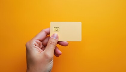 Poster - Hand holds bank card with chip on bright orange background. Card with blank space, payment transaction, client, business, finance, shopping, service, advertising, commerce, promotion concepts.