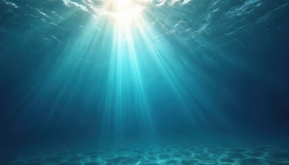 Aufkleber - Tranquil underwater scene. Sun rays penetrate clear ocean water. Sunbeams create light play in deep sea. Calm marine background, blue shades. Peaceful, serene, relaxing underwater landscape.