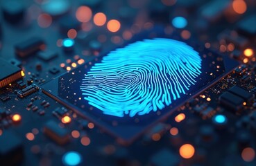 Fototapete - Futuristic tech, biometric authentication with fingerprint scan. Digital identity, cybersecurity, data protection concept, online access, secure authorization, privacy, encryption.