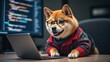 © Teerapol - Playful Shiba Inu in Glasses Working on a Laptop with Code Display
