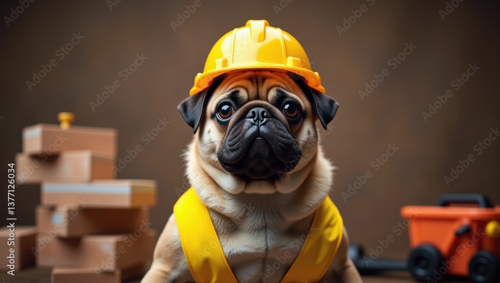 Pug Dog Dressed as Construction Worker with Hard Hat and Vest Stock ...