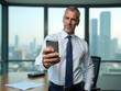 © Gustav - Focused businessman using his smartphone in a modern office with a city view, showcasing technology and professional life in a contemporary setting