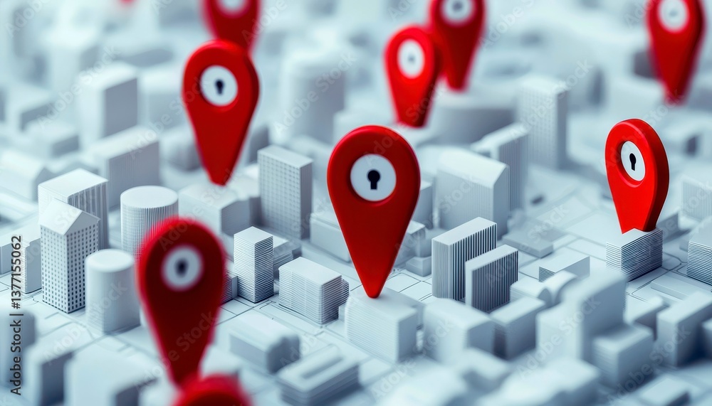 Multiple Location Design 3D map with multiple location pins highlighting themes of urban ...