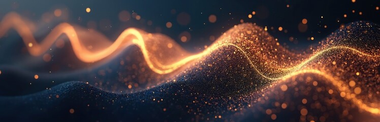 Aufkleber - Abstract digital particles wave with bokeh light background. 3D render wave line dot background. Line wave light glowing effect particular background. Energy flow concept.