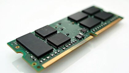 Poster - Random access memory module isolated white background. Computer tech component, data storage device. Modern computer hardware, PC upgrade part. Electronic circuit detail, chips and slots.