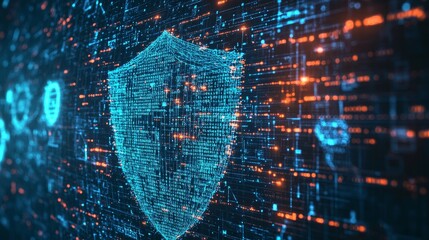 digital cybersecurity network with glowing shield and data streams