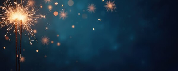 Aufkleber - Dark blue background with festive sparklers on the side. Bright lights, joyful mood, party atmosphere. Celebration, holiday, event, vibrant illumination. Festive design for holiday and party themes.