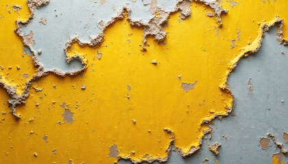 Leinwandbilder - Close-up of textured surface with peeling yellow paint, revealing aged grey wall. Flaking paint reveals the old layers, the underlying material. Damaged, weathered, grunge, rough. Abstract art.