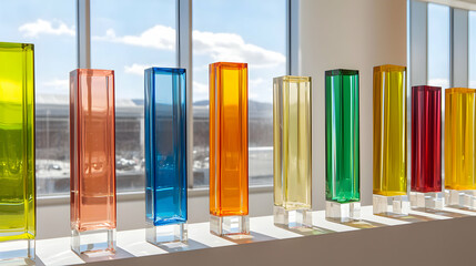 colorful glass sculptures on display near a window