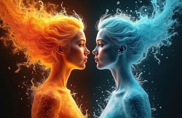 Poster - Digital illustration contrasting elements fire, water women. Two sides meet face to face expressing duality. Dynamic composition, vibrant color palette with flame, water textures. Concept art for
