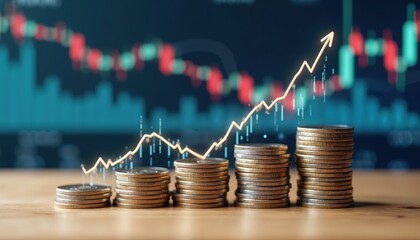 Poster - Stacks coins with growing graph, financial profit concept. Business success, market analysis, investment growth, economic rise. Positive trend, up arrow shows financial progress.