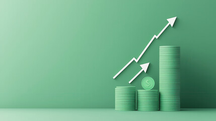 Leinwandbilder - 3D illustration of stacked green coins with upward arrow symbolizing financial growth and success. background is matching green, creating cohesive and optimistic visual theme