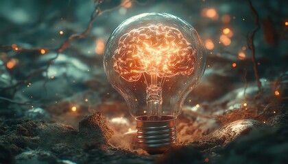Aufkleber - A surreal light bulb emitting from a brain