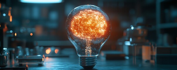 Poster - An artificial intelligencethemed electric light bulb, filled with tiny robotic gears and circuits, glowing in a dark, neonlit laboratory, ultrarealistic, cinematic lighting