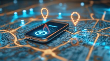 Poster - A top-down view of digital handsets on a map, showcasing GPS technology and digital tracking systems used in modern delivery services.