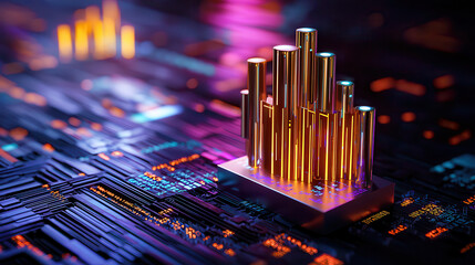 Poster - conceptual image of artificial intelligence algorithms is depicted with glowing bars on circuit board, symbolizing data processing and futuristic technology