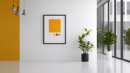 Aufkleber - modern office interior features minimalist design with vibrant yellow accent wall, framed abstract art, and potted plants. Natural light streams through large windows, creating serene atmosphere