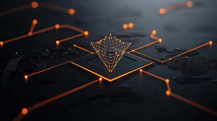 Aufkleber - glowing geometric shape hovers above circuit board, symbolizing advanced technology and innovation. dark background contrasts with bright orange lines, creating futuristic feel